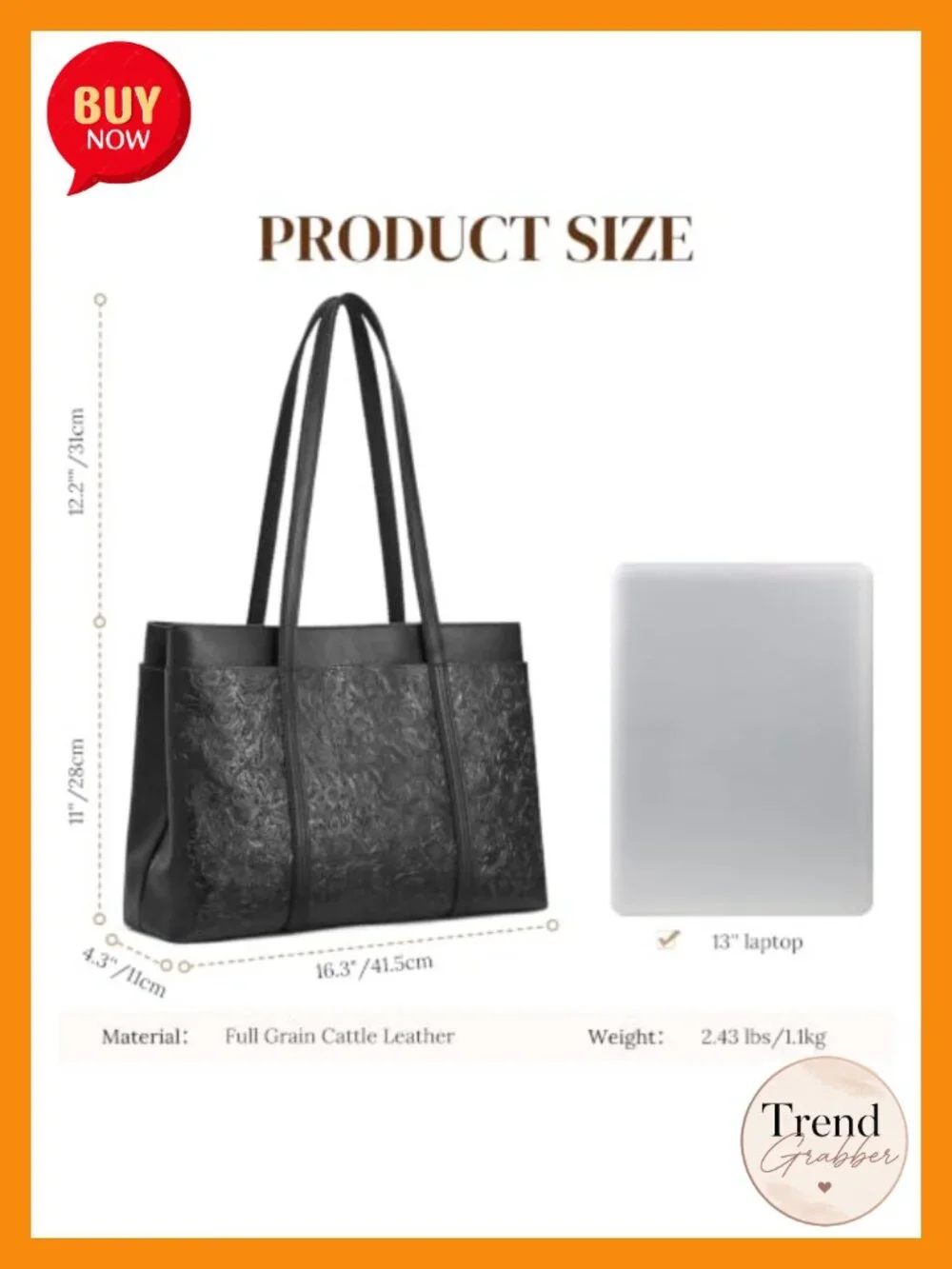 Large Leather Tote Bag Full Grain Cattle Leather 3 Compartments Fits 14